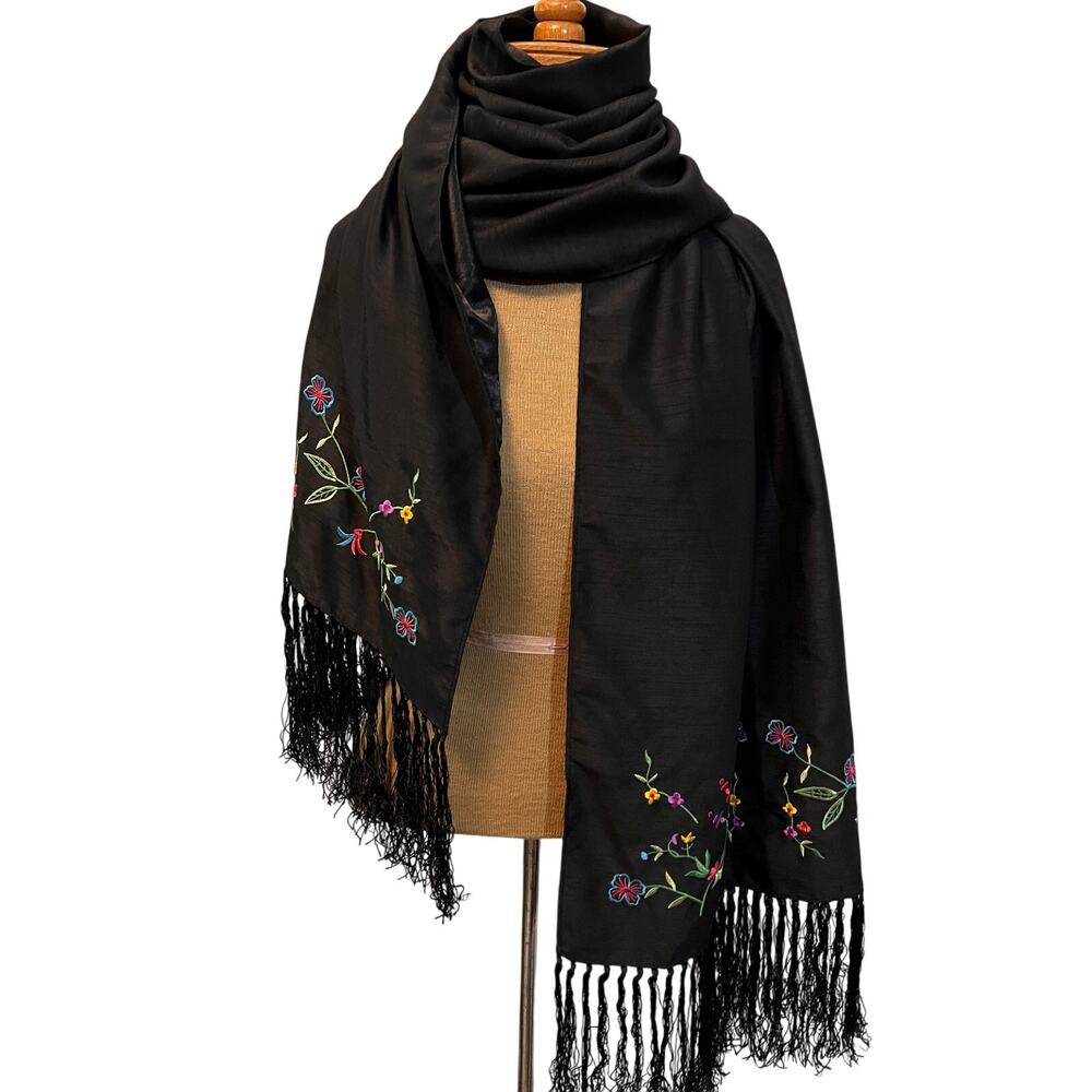 Lg black fringe floral Embroider shawl wrap scarf boho witchy Dia de los muertos